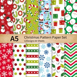 JarThenaAMCS 60 Sheets Christmas Pattern Paper A5 Snowman Santa Snowflake Scrapbook Specialty Paper Double Sided Red Green Art Paper for Xmas DIY Crafts Supplies, 5.5 x 8.3 Inch