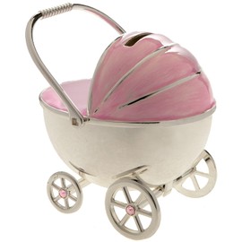 Christening Gift Silver Plated Pink Enamelled Pram Money Box