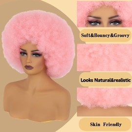 MYCNIMY Afro Wigs for Black Women 70s Afro Curly Wigs Soft Natural Looking Fluff and Bouncy pink Synthetic Hair Big Afro Wig for Daily Party Cosplay Costume (pink)