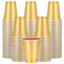 Sabary 100 Pack 12oz Plastic Cups Graduation Heavy Duty Drinking Disposable Cups with Lines for Beverage Holiday Camping Barbecues Birthday Party Outdoor Picnic (Gold)