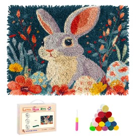 Generic DIY Latch Hook Rug Kit Cartoon Rabbit in Flowers and Easter Eggs Stamped Non-Slip Mat Crochet Yarn Hook and Latch Embroidery Tapestry for Home Floor Decoration and Pet Warm Cushion 52x38cm (1)