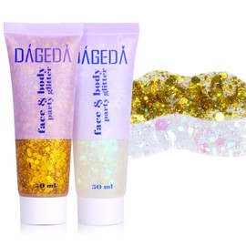 Prreal Body Glitter Gel, Face Glitters Body Gel Sequins Shimmer Liquid Eyeshadow, Chunky Glitter for Face Nails Hair, Holographic Mermaid Sequins for Festival Makeup 100 ml (White + Gold)