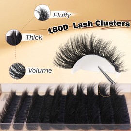 Eyelash Extension Kit Thick Lash Clusters Kit 10-18mm Fluffy Clusters Lashes 180D Individual Eyelashes Kit with Lash Bond, Lash Remover, Lash Applicator DIY Lash Extension for Beginners (180D-D Curl)