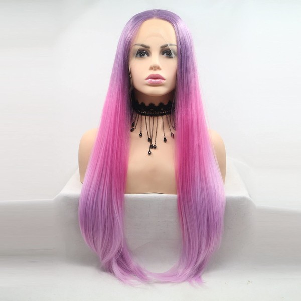 Xiweiya Long Straight Hair Wigs Ombre Purple Pink Lace Front Wig Heat Resistant Wigs Synthetic Lace Front Wigs for Women Makeup Cosplay Party Wigs Natural Hairline Middle