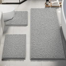 Upgrade Extra Large Bathroom Rugs Set 3 Pieces Thick Absorbent Chenille Bath Mat,Ultra Soft Bathroom Mats,Non Slip Bathroom Floor Mats,Washable Toilet Rug for Bathroom, Bedroom, Kitchen,Light Grey