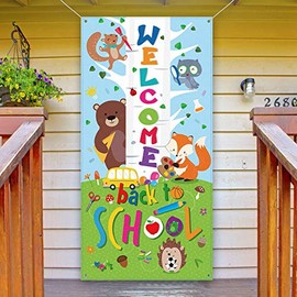 Welcome Back To School Banner, First Day of School Door Cover Woodland Animal Friends Photo Backdrop for Classroom School Party Decorations Supplies with Rope