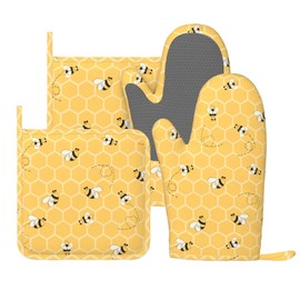 Yellow Honey Honeycomb Cute Bee Oven Mitts and Pot Holders Set of 4 Silicone Heat Resistant Oven Mitten Potholders Non Slip Gloves Kitchen Decor for BBQ Cooking Grilling Baking