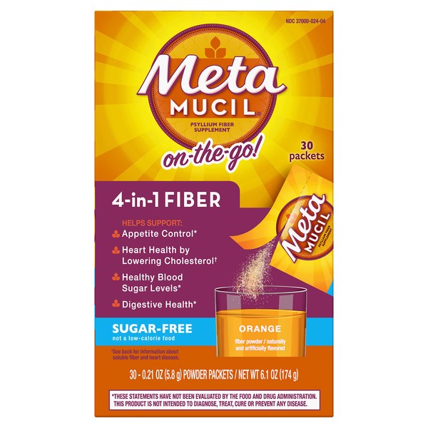 Metamucil Fiber 4-in-1 Psyllium Fiber Supplement Sugar-Free Powder Single-Serve Packets Orange Flavored Drink 2 Boxes of 30 Packets (OLD)