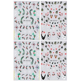 3D Christmas Nail Stickers, 4pcs Green Leaves Red Bean Elk Snowflake Christmas Nail Decals for Nail Art Supplies Winter Holiday Nail Art Stickers Self Adhesive Sticker Nails Women Nail Accessories