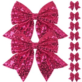 Glitter Cheer Bow Elastic, 8 Pack Sequin Cheer Bow Bling Party Hair Accessories for Cheerleading Women Girls Kids (Pink)