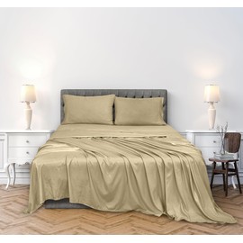 ROYALE LINENS 300 Thread Count 100% Long Staple Combed Cotton Sheet Set - 4 Piece Queen Bed Sheets - 1 Fitted, 1 Flat & 2 Pillow Cases - Soft Cool & Crisp Sheet Set (Queen, Beige)