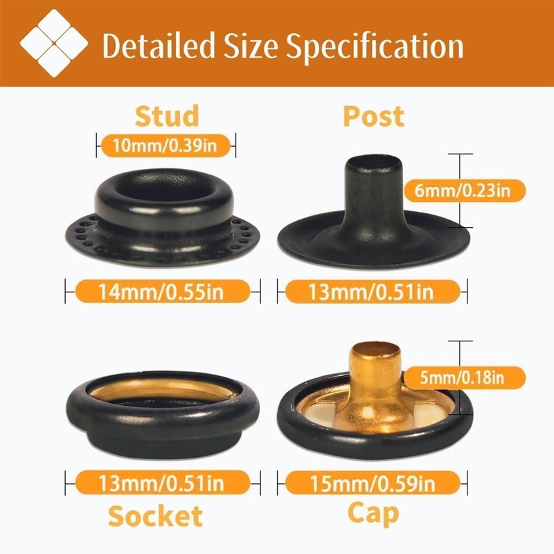 SUNOR 100 Sets Snap Buttons,Heavy Duty Snap Fasteners Kit 15mm
