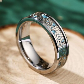 THREE KEYS JEWELRY Gear Tungsten Carbide Mens Wedding Band Ring Polish for Men Punk Mechanical Foil Stone Meteorite Inlay Engrave Engagement Blue Silver Size 8.5