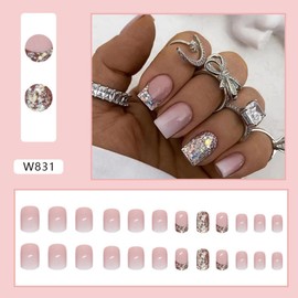 24Pcs Press on Nails Short Square French Tip Fake Nails Pink Gradient with Silver Glitter Design Acrylic Full Cover Glue on False Nails Artificial Stick on Nails for Women Daily Wear Manicure