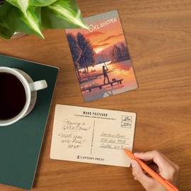 Oklahoma, Fishing with Hills (4x6 Birch Wood Postcards, 2-Pack Stationary, Rustic Home Wall Decor)