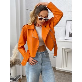 LY VAREY LIN Women Faux Leather Cropped Jacket Vegan Motor Biker Coat with Belt