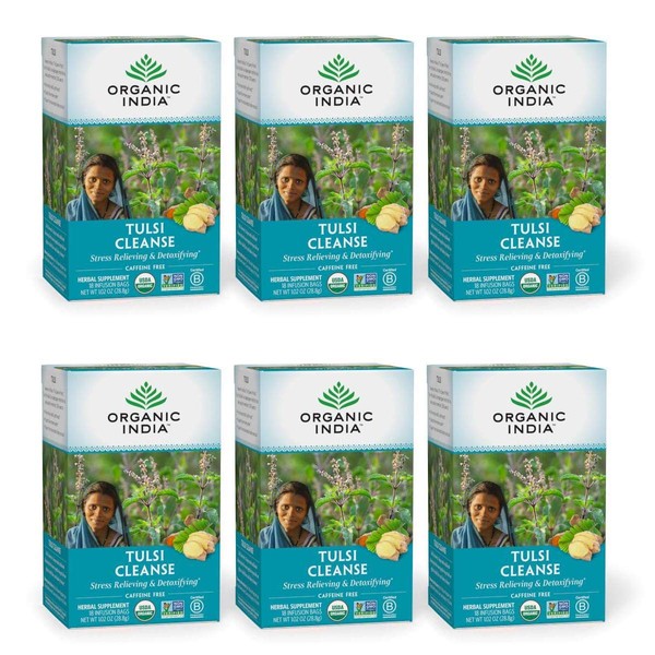 Organic India Tulsi Cleanse Herbal Tea - Holy Basil, Stress Relieving & Detoxifying, Immune Support, Adaptogen, Vegan, USDA Certified Organic, Non-GMO, Caffeine-Free - 18 Infusion Bags, 6 Pack