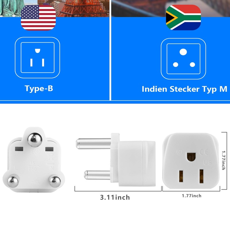 2 Pack South Africa Plug Adapter Type M Adapter for