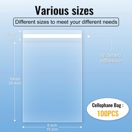 MORIDA Clear Cellophane Bags 100 Pcs 6x10 inch Self Adhesive Cookie Bags Candy Bags Treat Bags Resealable Self Sealing Plastic Cello Bags for Favors Snack Goodie Gift Packaging