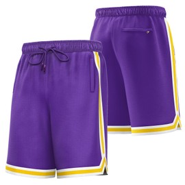 KXK - Pantalones cortos de baloncesto de malla para hombre, pantalones cortos deportivos para gimnasio, correr, entrenamiento con bolsillos, Púrpura/Amarillo, Large