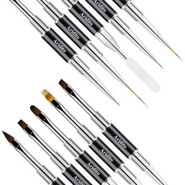 Aradito One 7-Pin Stainless Steel Nail Tool And 5pcs Double-Ended Acrylic Nail Art Brushes Set With 5/10/15/20mm Liner Brushes, Gel Taking, Ombre/Flat/3D/Oval/Angled Brushes For DIY Manicures & Salons