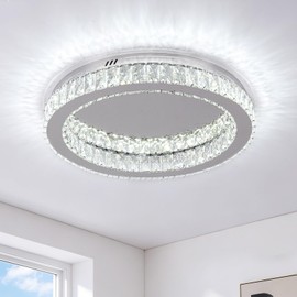 Kinhoou 19.7" Modern Crystal Chandelier LED Ceiling Light, 60W Flush Mount Ceiling Light Fixture 6000K Cool White, Large Round Crystal Chandeliers for Dining Room Living Room Bedroom Kitchen Foyer
