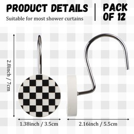 Yalikop 12 Pack Black and White Checkered Shower Curtain Hooks Decorative Buffalo Plaid Curtain Rings with Metal Hooks Modern Retro Round Resin Anti Rust Shower Hangers for Bathroom Rods