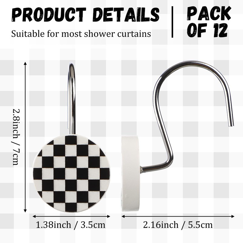 Yalikop 12 Pack Black and White Checkered Shower Curtain Hooks