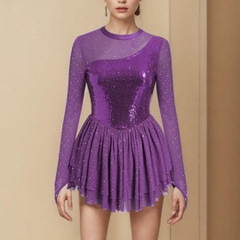 AFAVOM Sequin Figure Skating Dress for Women Girls Long Sleeve Mesh Rhinestone Ice Skating Dress Glitter Asymmetrical Chiffon Skirt Shiny Ballet Lyrical Costume for Competition Performance Purple XL