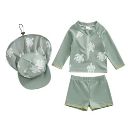 MAYUMMPY - Traje de baño para bebés y niños, con UPF 50+, juego de protección contra erupciones, estampado de delfín de tiburón, pantalones cortos, gorro y traje de baño, Bañador Turtle Green, 2-3T