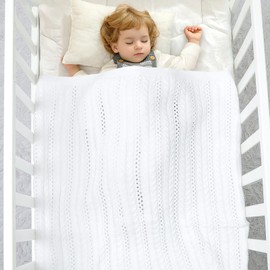 DovFanny Cellular Baby Blanket Cable Knitted Soft Cozy Newbron Baby Blanket for Boy and Girls Nursery 100 x 80cm White