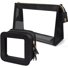 FFpaw 2 Pack Clear Makeup Bag Set Travel Cosmetic Case TSA Approved Toiletry Bag with Zipper Small Make Up Bags for Women Cute Waterproof Carry-on Travel Organizer Car Organizer Bag (Black)