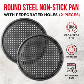 Bakken Pizza Baking Pan - Round Perforated Carbon Steel Pan with Non-Stick Marble Coating, Oversized Silicone Handle, Dishwasher Safe, High-Temperature Resistant, Durable & Easy Cleanup Gray, 2 Pack