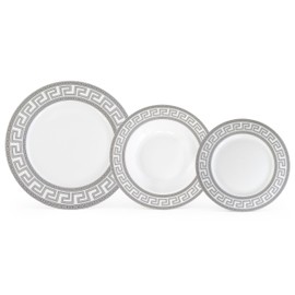 Porcelain 12 Piece Dinnerware Set - Service for 4 - Gorgeous Silver Greek Key Inspired Design - Includes Kitchen Plates, Ceramic Dishes Set for 4 (Meander Silver)