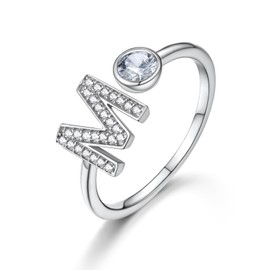 Women's Open Ring with Initial M, Crystal M Silver Letter Adjustable Stackable Ring With Gift Box