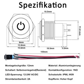 JIQI 2 x 12 mm locking waterproof pressure switch 12 V to 24 V 2 A IP66 matching push button with LED power symbol locking on/off switch made of metal black push button switch (high head, green)
