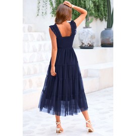 PRETTYGARDEN Women's Summer Midi Tulle Dress Sleeveless Smocked Square Neck Ruffle Flowy Party Wedding Guest Sundress (Navy,Medium)
