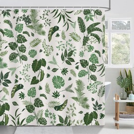 Bonhause Shower Curtain Boho Green Tropical Leaves Plant Retro Vintage Shower Curtains 180 x 180 cm Anti-Mould Waterproof Polyester Fabric Washable Bathroom Curtain for Bathroom with 12 Hooks
