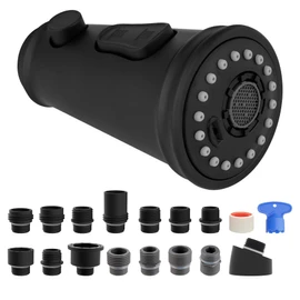 Hibbent Pull Down Kitchen Faucet Head Replacement, NSF/ANSI/CAN 61 & CUPC Certified 3-Function Sink Spray Nozzle with 15 Adapters, Compatible with Moen, Delta, Kohler Faucets-Matte Black