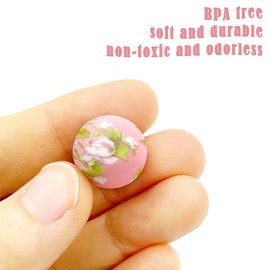 30Pcs Camellia Printed Beads 15mm Silicone Printed Beads Flower Printed Focal Beads for Jewelry Making Keychain DIY Bracelets Lanyard Making Spring Beads - Style B