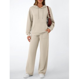 AUTOMET Womens 2 Piece Outfits Sweatsuits Lounge Matching Fall Sets Jogging Suit Oversized Hoodie Wide Leg Sweatpant Clothes Apricot S