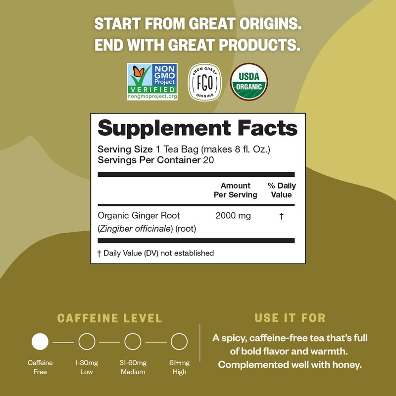 FGO Organic Ginger Tea, 100 Count, Eco-Conscious Tea Bags, Caffeine