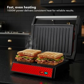 OVENTE Electric Indoor Panini Press Grill and Sandwich Maker with Non-Stick Coated Plates, Cool-Touch Handle and Removable Drip Tray, Opens 180 Degrees to Fit Any Type or Size of Food, Red GP0540R