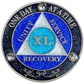 (Years 1-50) AA 40 Year Crystals & Glitter Medallion, Silver Color Plated, Black Rainbow, Blue Glitter and Three Clear Crystals, Epoxy Covered (AA 40 Year Crystals & Glitter Medallion)