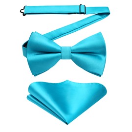 HISDERN Bow Ties for Men Solid Color Pre-Tie Bow Tie and Pocket Square Set Classic Formal Tuxedo Bowties for Wedding Party, B-teal, One Size