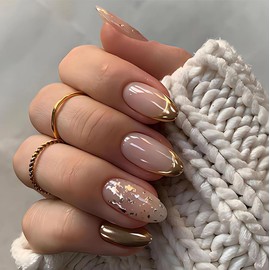 French Tip Press on Nails Gold Almond Shape Fake Nails with Golden Sparkles Designs Cute Summer False Nails Press ons Medium Length Glossy French Stick on Nails for Women Manicure Decorations 24Pcs