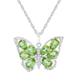 Tirafina Butterfly Pendant Necklace - Peridot Necklace with Created White Sapphire - Birthstone Necklace for Women - Pendant Necklace in Sterling Silver - Women’s Jewelry - 6x4 Oval Gemstones