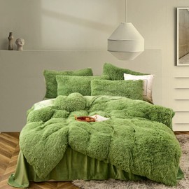 MorroMorn Fluffy Comforter Duvet Cover Set, 5 Pcs Bedding Sets Faux Fur Plush Velvet Shaggy Ultra Soft Luxury for Full Queen Size Green