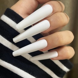 AddFavor XXL Extra Long Press on Nails Coffin Matte Fake Nails Full Cover Acrylic False Nails 12 Sizes 120pcs White Nail Tips for Women Fingernails Manicure Design