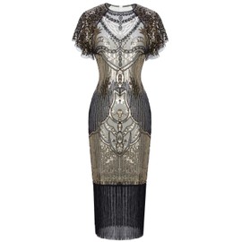 FAIRY COUPLE 1920s Knee Length Flapper Party Dress Layer Tassels Hem Sequined Cap Sleeve Cocktail Dress S Champagne Gold